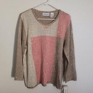 ALFRED DUNNER WOMEN'S SWEATER PINK TAN COLOR BLOCK GOLD SEQUINS BEADED XL NWT